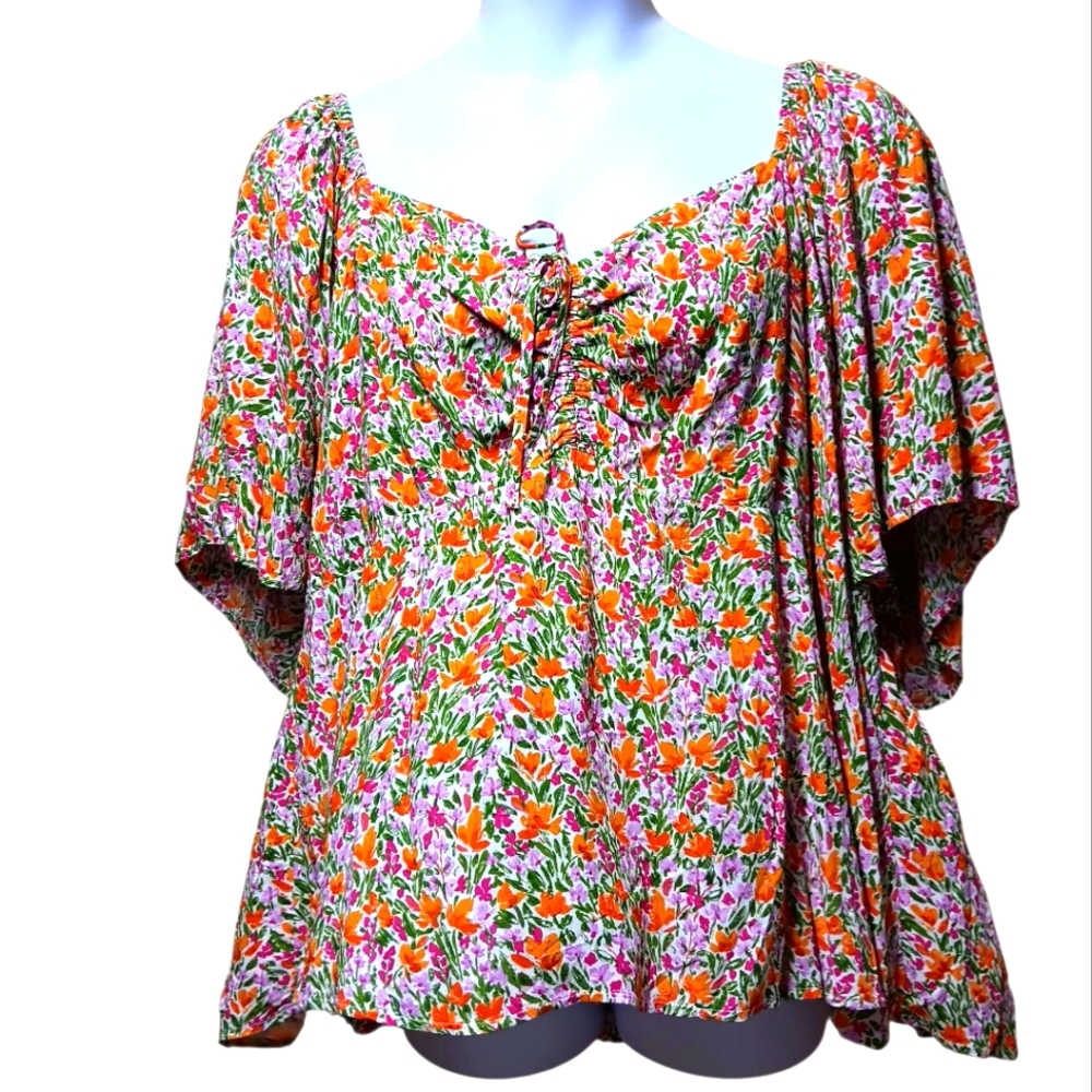 Terra & Sky Peasant Top With Fluttery Sleeves NWOT
